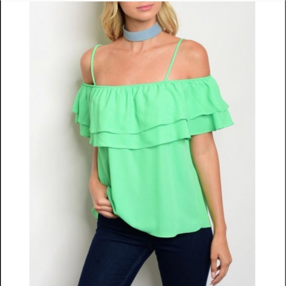 Tops - Green Off the Shoulder Ruffle Top